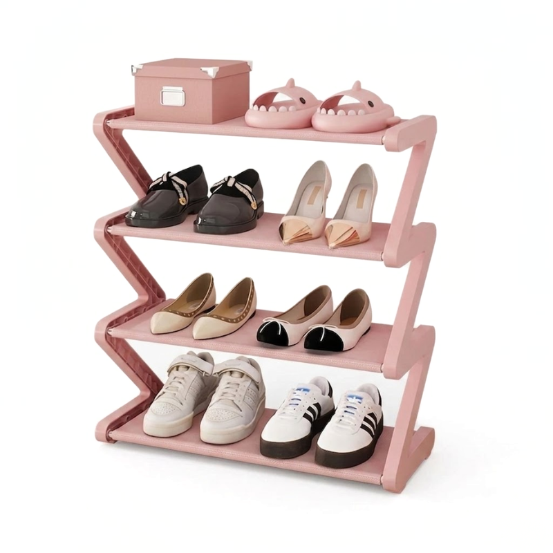 4 Tier Pink Z-Shaped Shoe Rack Space-Saving Storage Organizer