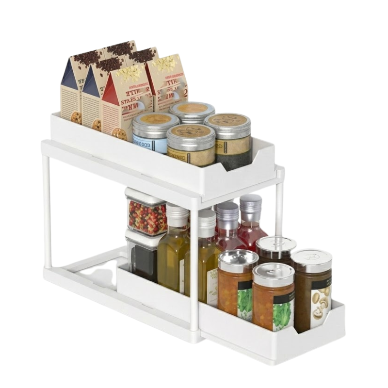 Double Layer White Pull Out Storage Rack Under Sink Organizer with Hooks
