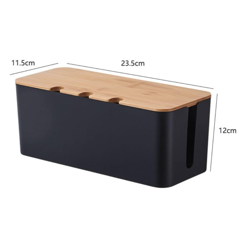 Small Cable Management Box Black with Wooden Style Cover Cord Organizer