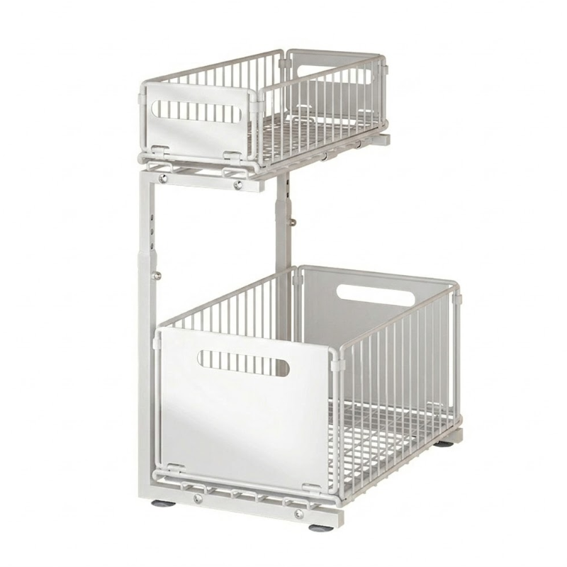 2 Tier White Pull Out Cabinet Organizer Adjustable Under Sink Storage Rack