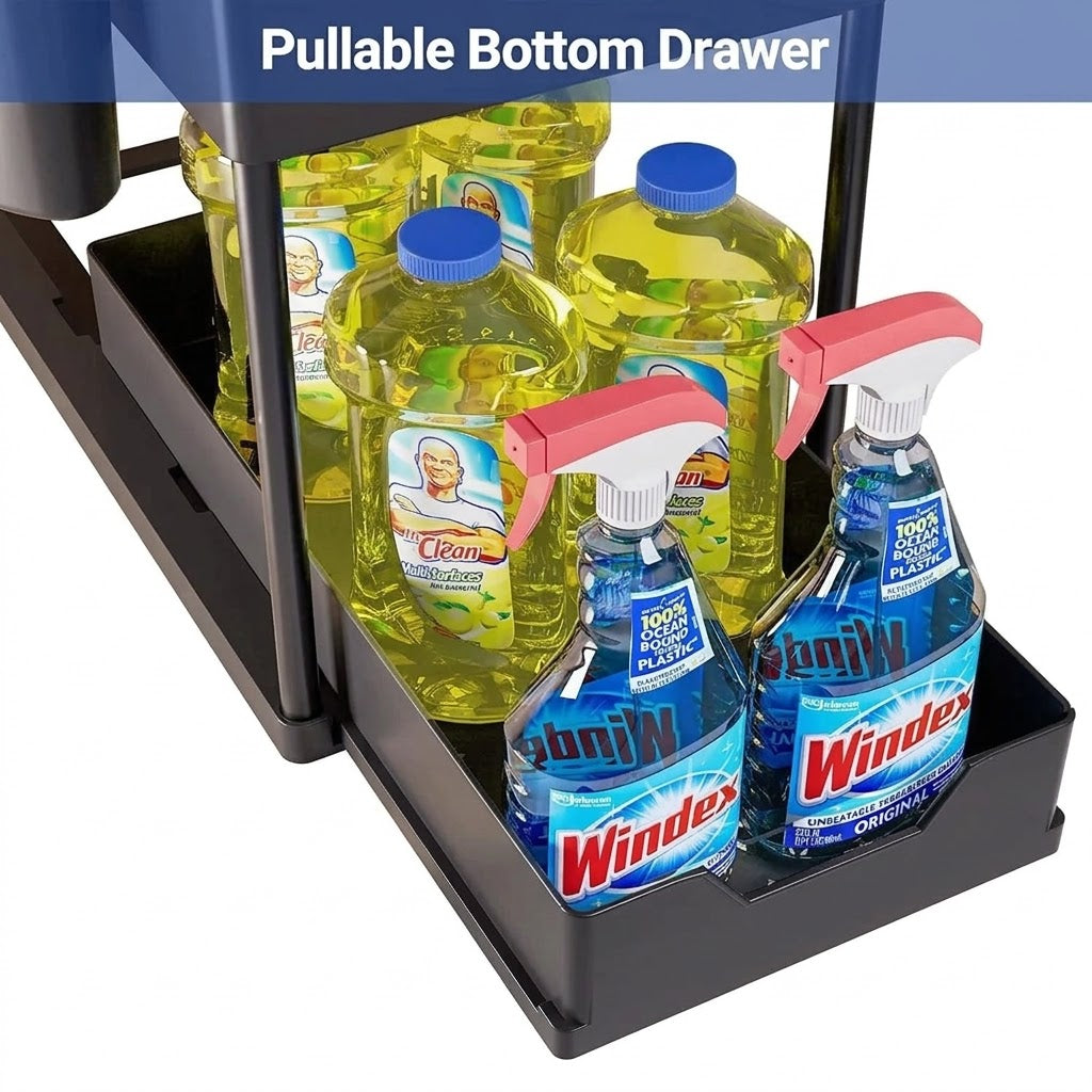 2 Tier Under Sink Organizer Sliding Pull-Out Cabinet Basket Storage Rack with Hooks