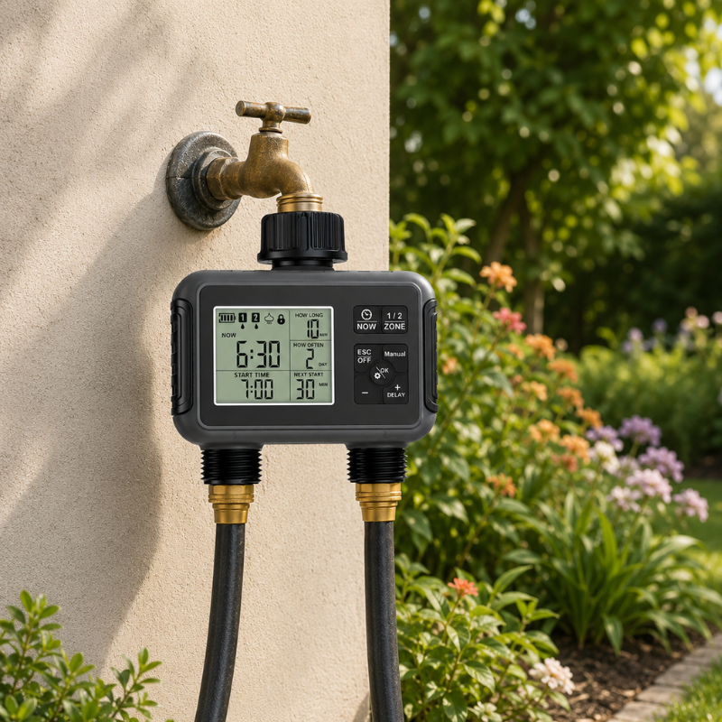 2-Zone Programmable Garden Hose Timer IPX5 Watering Controller for Lawn Yard