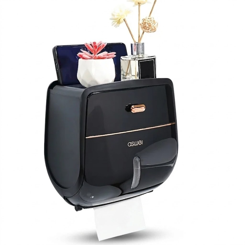 Double Layer Black Toilet Paper Holder Wall Mounted Waterproof Tissue Storage Box