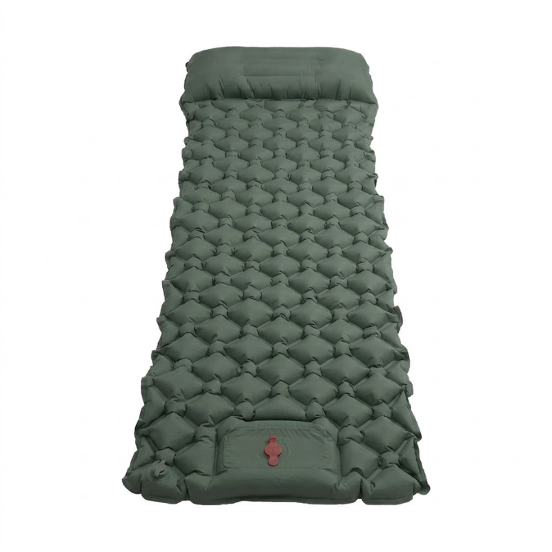 Inflatable Army Green Camping Mat with Built In Air Pump Pillow for Hiking Trekking Travel and Outdoor Use