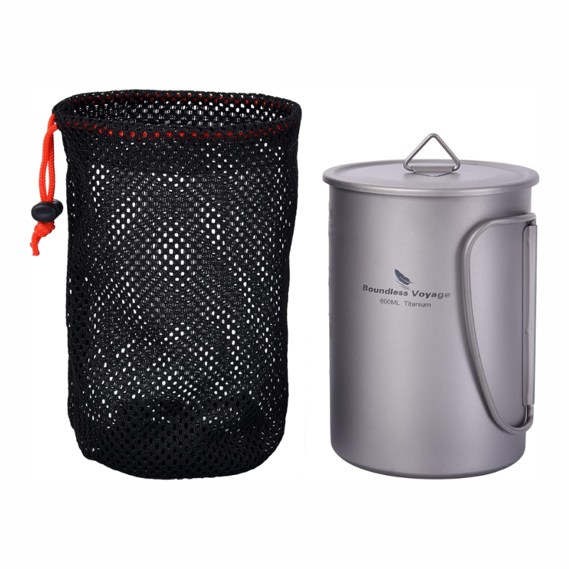 600ml Titanium Camping Cup with Lid Foldable Handles and Storage Bag
