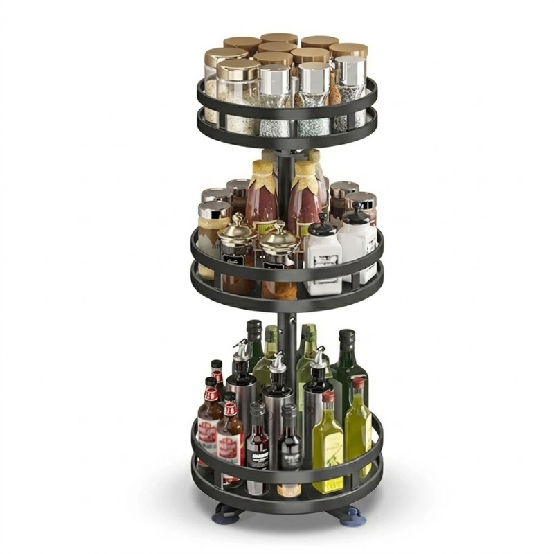 3 Layer 360° Rotating Spice Rack Organizer Carbon Steel Non-Slip Kitchen Tray