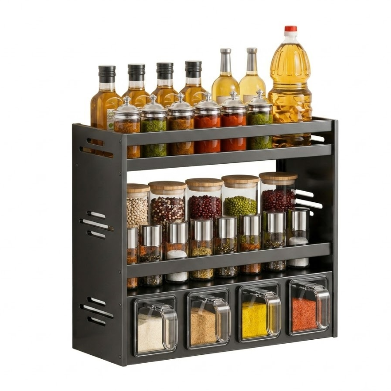 Multi Layer Kitchen Spice Rack Organizer with Storage Containers and Countertop Shelf 32cm