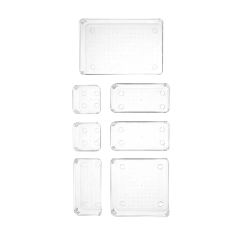 7 Piece Clear Drawer Organizer Set Plastic Storage Boxes Multi Size Makeup Bathroom Desk