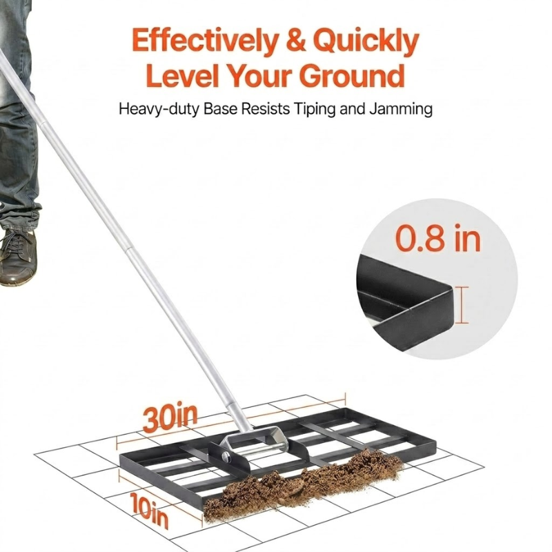 Carbon Steel Lawn Leveling Rake Heavy Duty Ground Soil Leveler 10x30x84inch Adjustable Handle