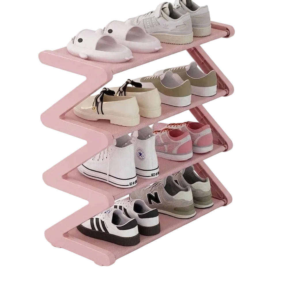 4 Tier Pink Z-Shaped Shoe Rack Space-Saving Storage Organizer