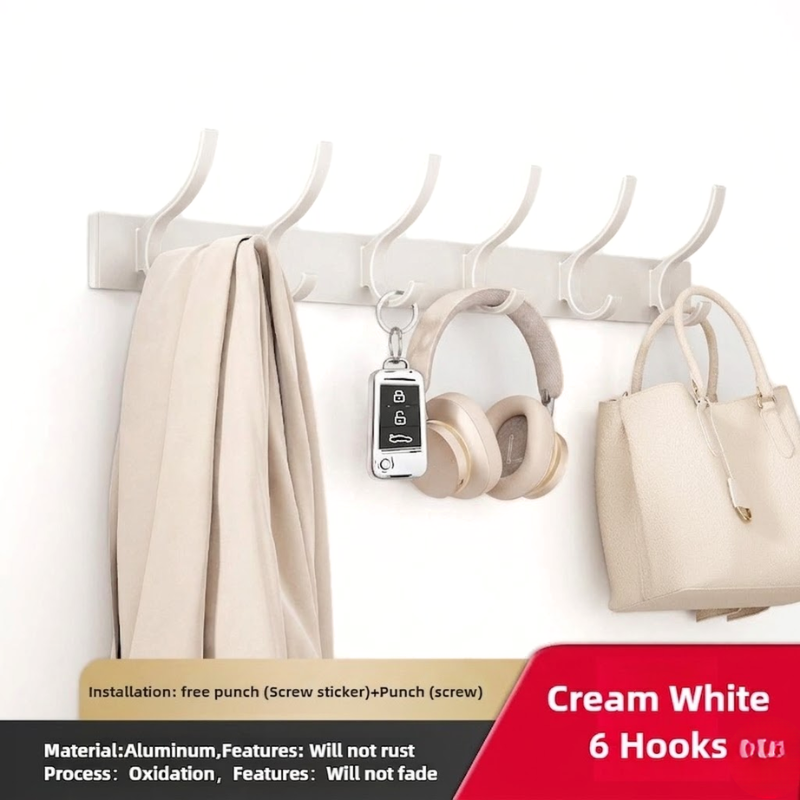 6 Hook Wall Mounted Coat Hook Rack Aluminum Towel Hanger White