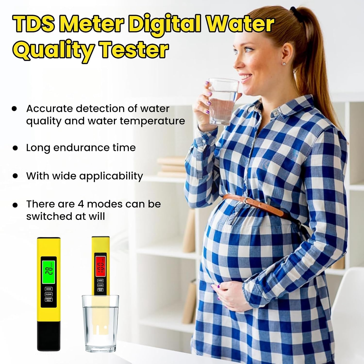 4 in 1 Digital Water Tester Yellow TDS EC Temperature Meter with LCD