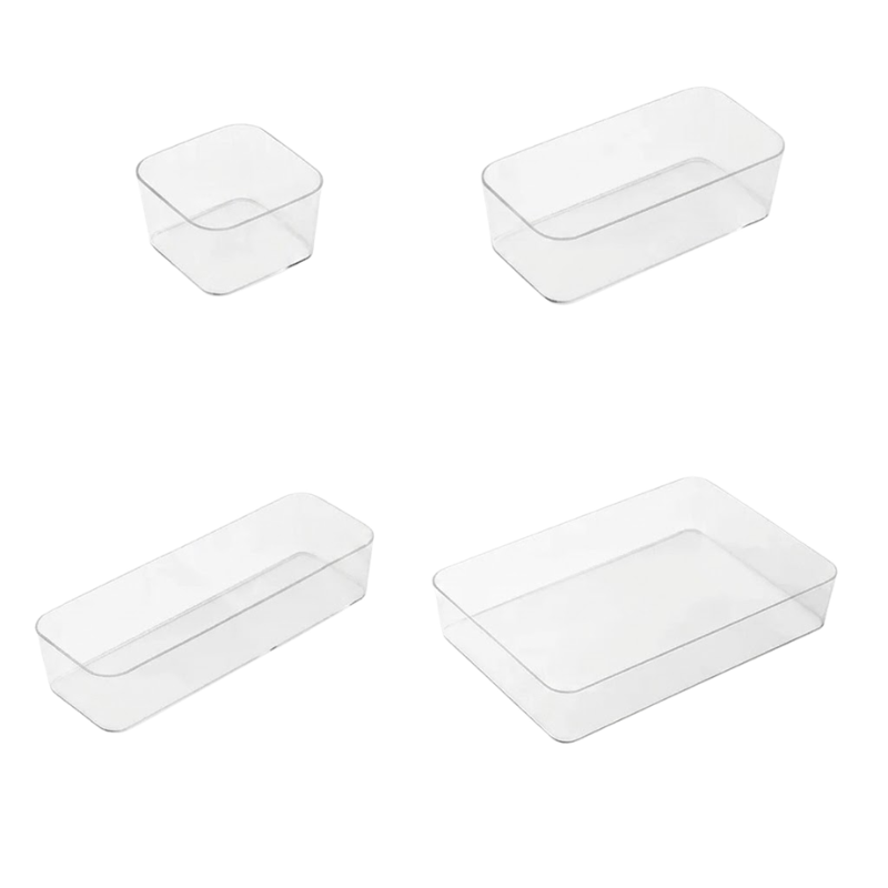4 Piece Clear Drawer Organizer Set Plastic Storage Boxes Multi Size Makeup Bathroom Desk