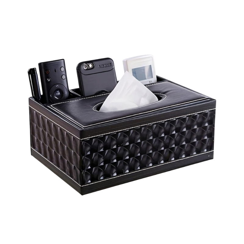 Black Faux Leather Tissue Box Cover with Remote Holder Desktop Organizer
