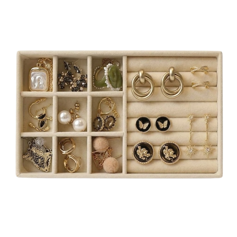 9+1 Wooden Jewelry Storage Tray Drawer Style Organizer Partitioned Ring Earring Holder