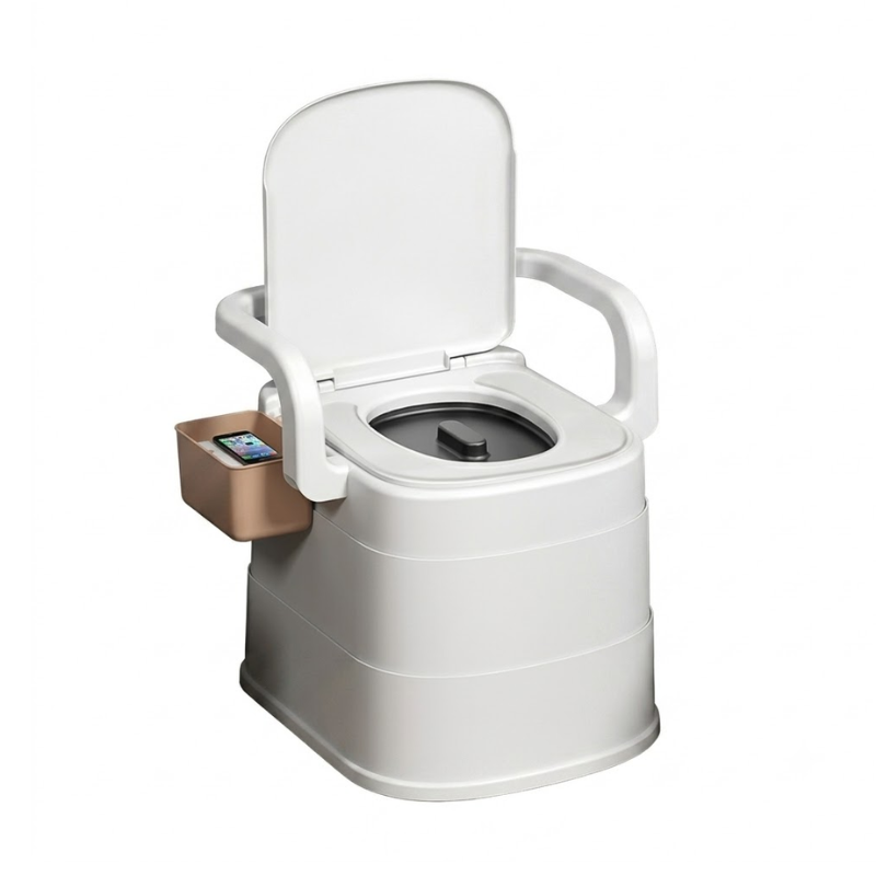 Portable Commode Chair Coffee Base with Soft Seat Removable Bucket and Armrests for Home Care