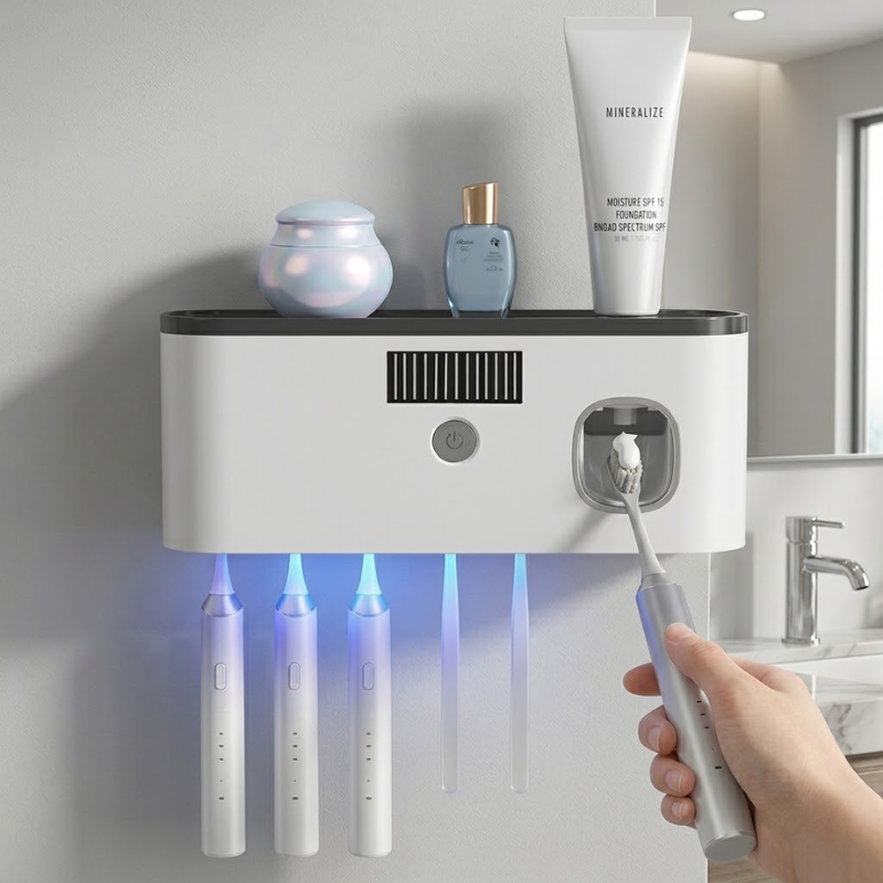 Black Wireless Charging UV Toothbrush Disinfector Wall Mounted Holder Storage Rack