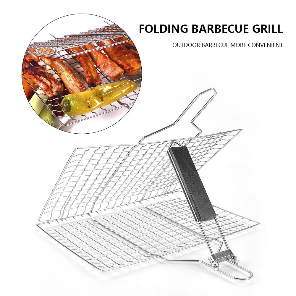 Stainless Steel BBQ Grill Basket with Foldable Handle for Meat Fish Vegetables