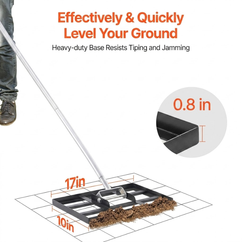 Carbon Steel Lawn Leveling Rake Heavy Duty Ground Soil Leveler 10x17x78in Adjustable Handle