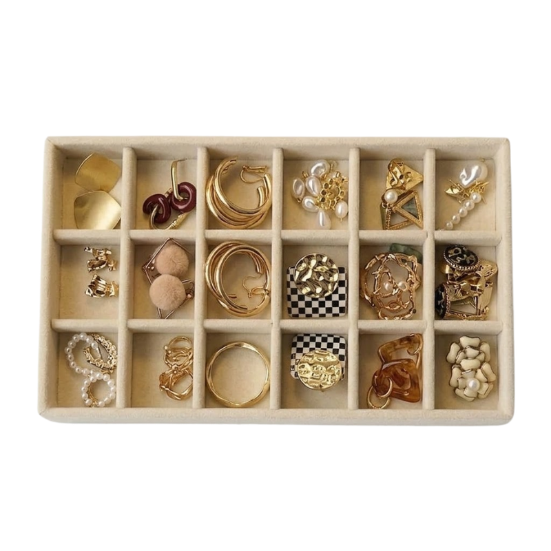 18 Grid Wooden Jewelry Storage Tray Drawer Style Organizer Partitioned Ring Earring Holder