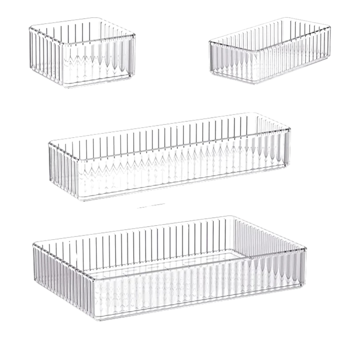 4 Piece Clear Drawer Organizer Set Plastic Storage Boxes Multi Size Makeup Bathroom Desk