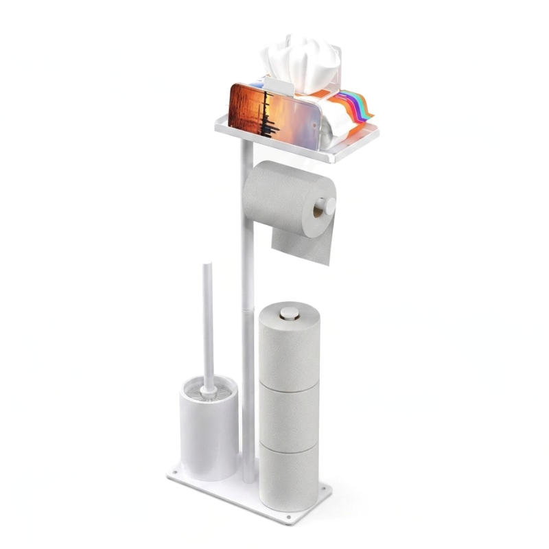 Floor Standing Toilet Paper Holder Stand with Brush and Phone Shelf Storage Rack White