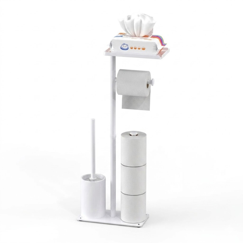 Floor Standing Toilet Paper Holder Stand with Brush Storage Bathroom Rack White