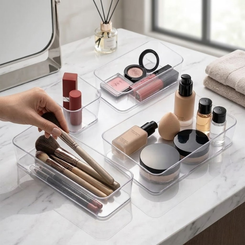 4 Piece Clear Drawer Organizer Set Plastic Storage Boxes Multi Size Makeup Bathroom Desk
