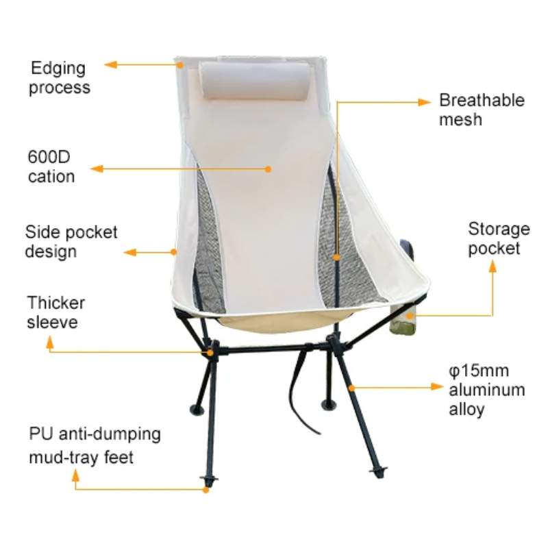 Portable Folding Camping Chair Beige with Headrest Lightweight Aluminium Outdoor Chair
