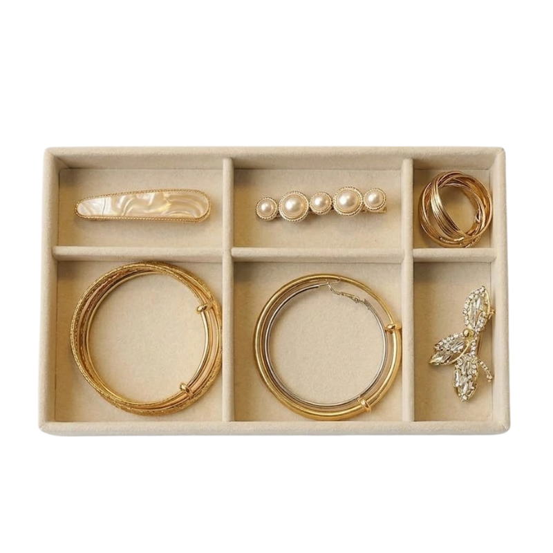 6 Grid Wooden Jewelry Storage Tray Drawer Style Organizer Partitioned Ring Earring Holder