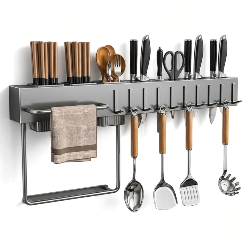 60CM Wall Mounted Kitchen Storage Rack Knife Holder Pot Lid Cutting Board Organizer