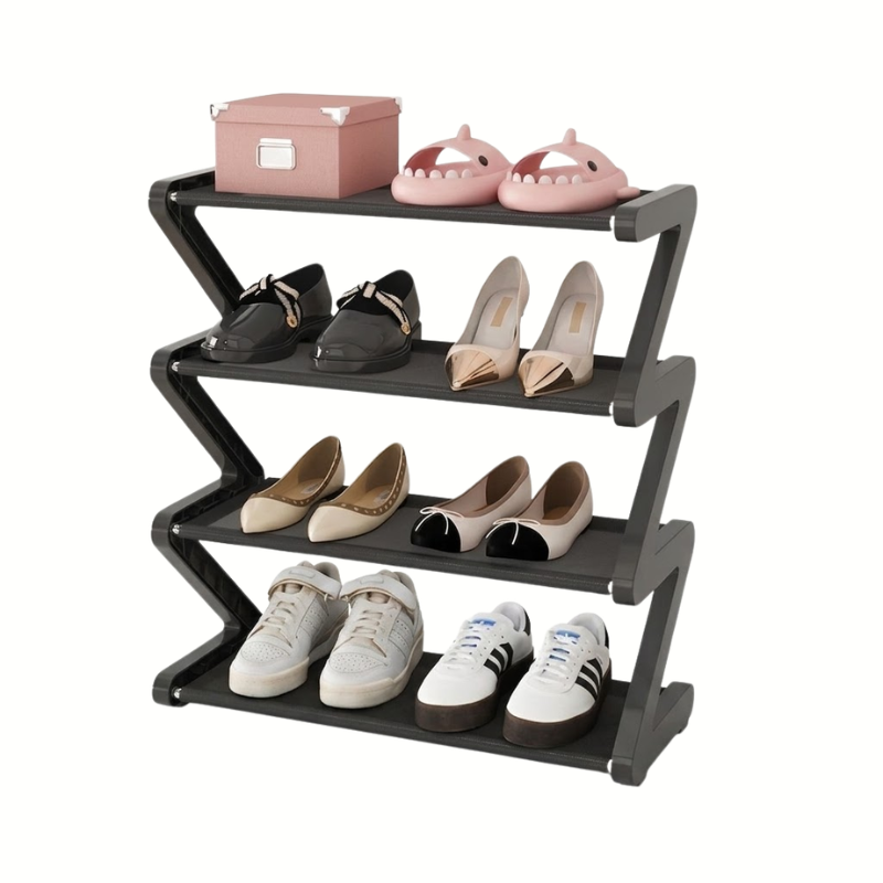 4 Tier Black Z-Shaped Shoe Rack Space-Saving Storage Organizer