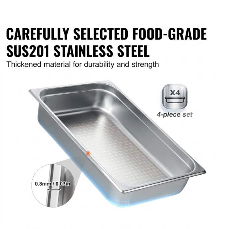 4 Pack Full Size Steam Table Pan 4 Inch Deep Stainless Steel with Lid Food Storage Set
