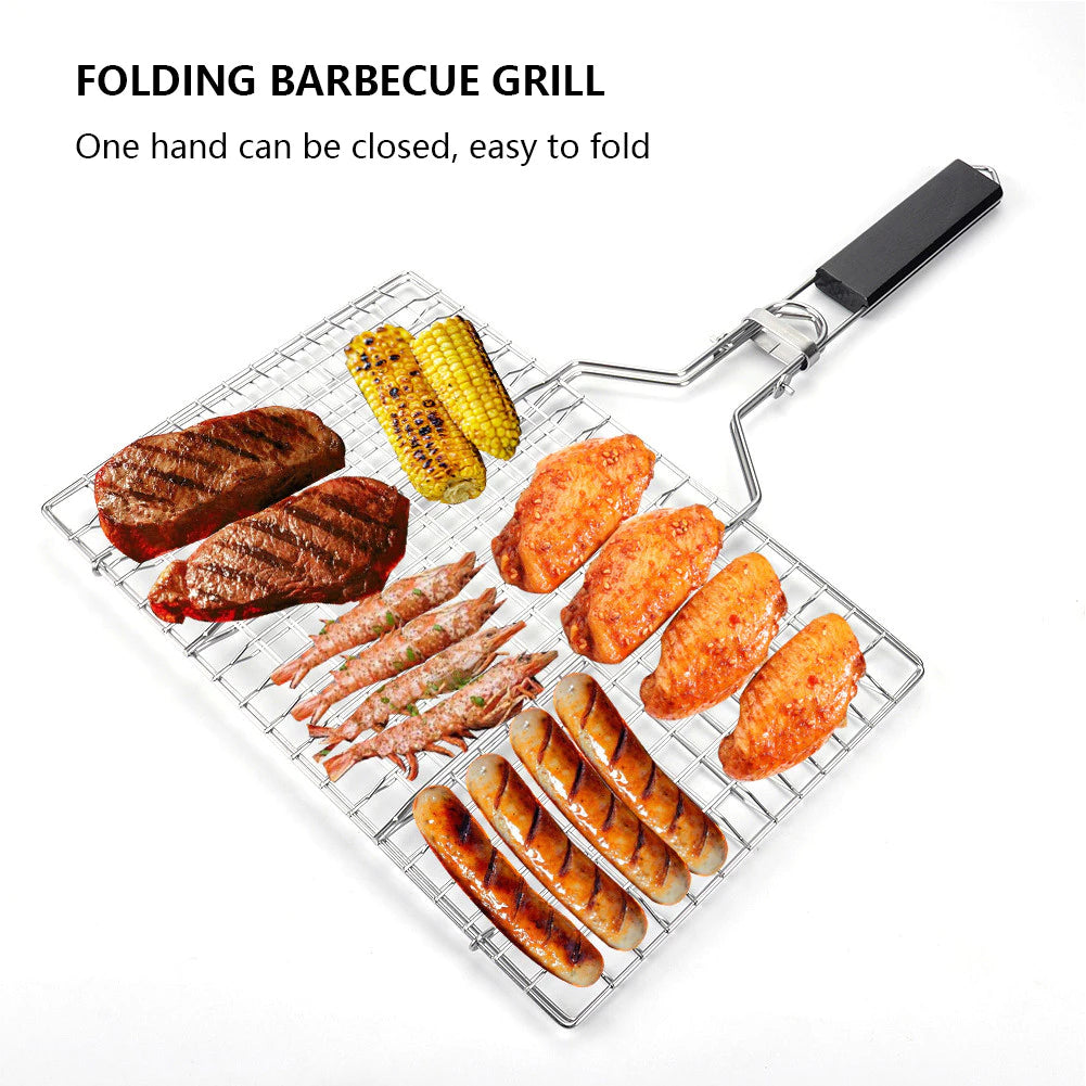 Stainless Steel BBQ Grill Basket with Foldable Handle for Meat Fish Vegetables