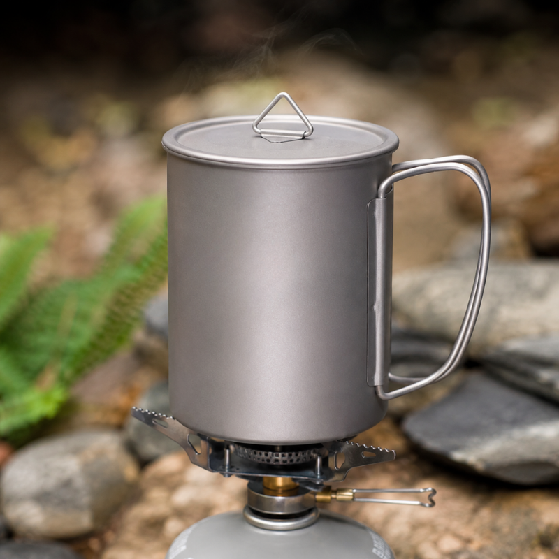 600ml Titanium Camping Cup with Lid Foldable Handles and Storage Bag