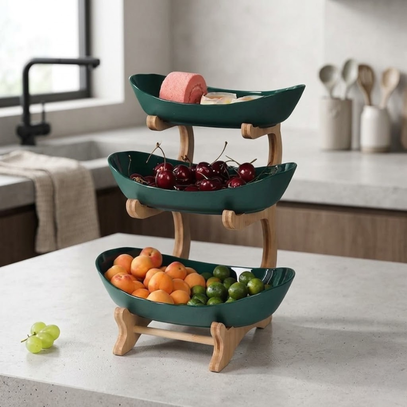 3 Tier Green Fruit Tray Stand Partitioned Serving Plate Snack Dessert Display