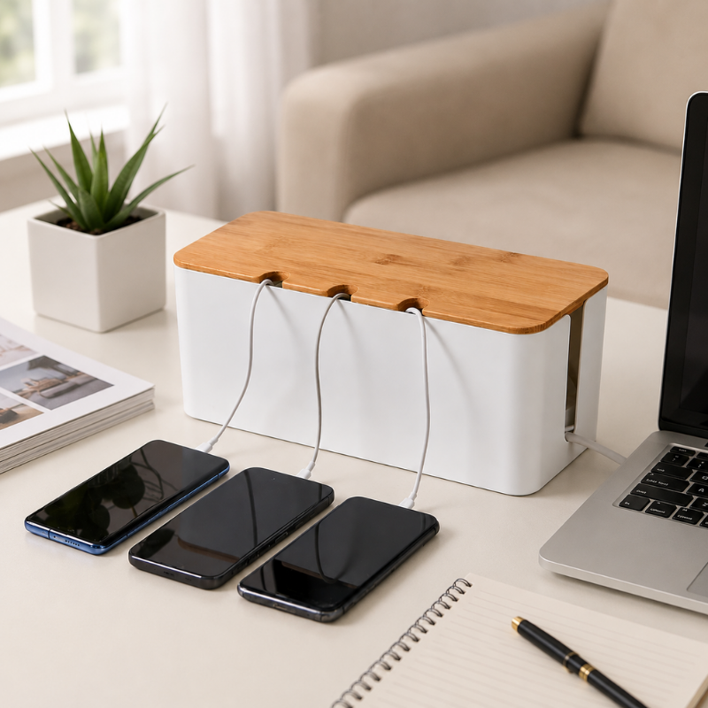 Small Cable Management Box White with Wooden Style Cover Cord Organizer