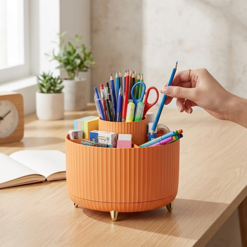 360° Rotating Makeup Organizer Storage Box Cosmetic Brush Holder Lipstick Jewelry Container Orange