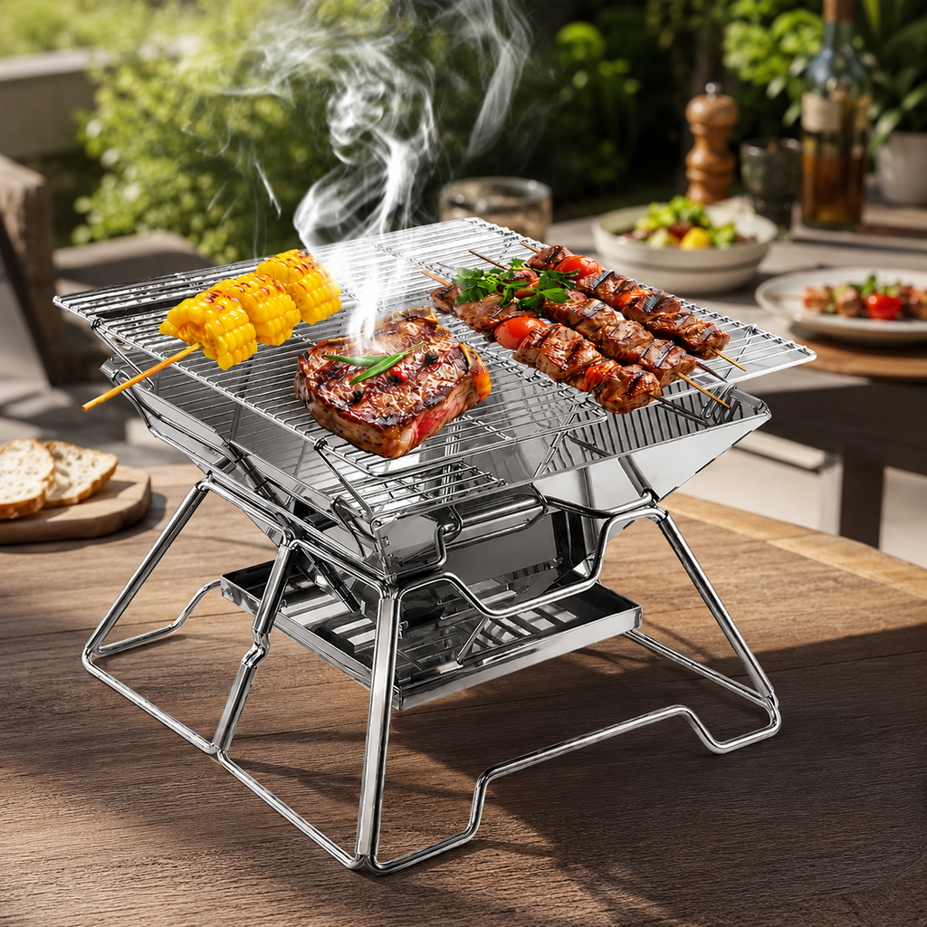 2-in-1 Portable Stainless Steel BBQ Grill and Fire Pit Foldable Outdoor Camping Cooker