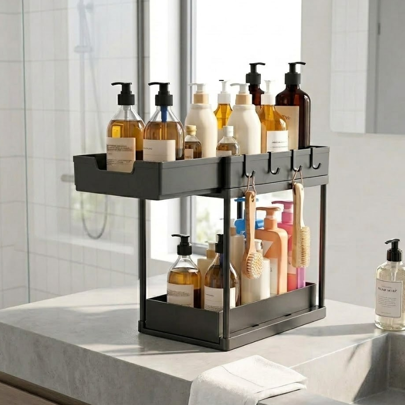 Double Layer Black Pull Out Storage Rack Under Sink Organizer with Hooks