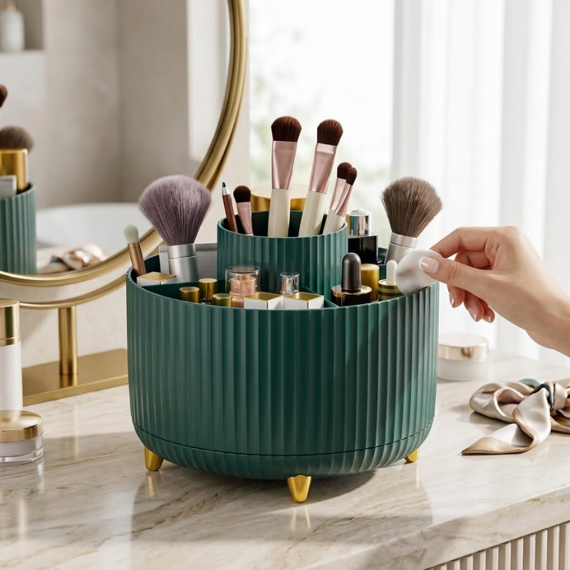 360° Rotating Makeup Organizer Storage Box Cosmetic Brush Holder Lipstick Jewelry Container Green