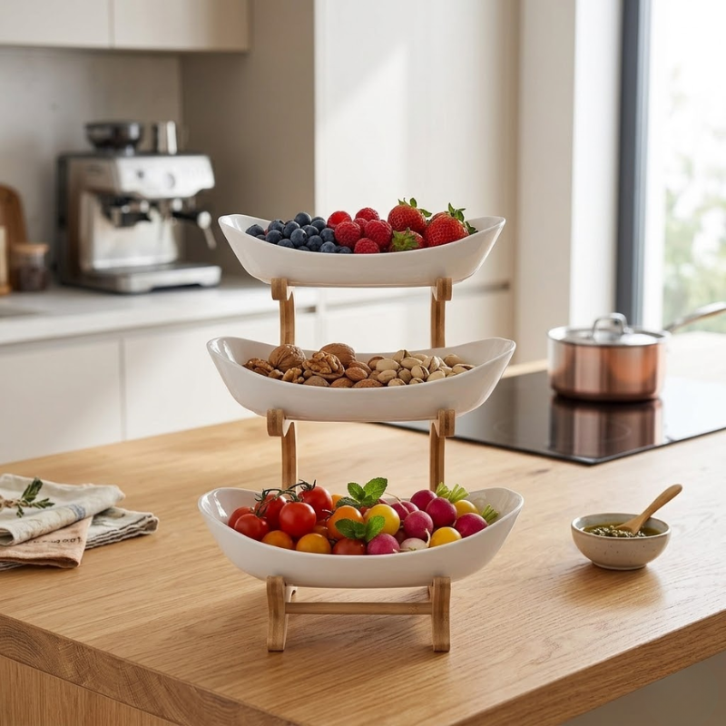 3 Tier Beige Fruit Tray Stand Partitioned Serving Plate Snack Dessert Display