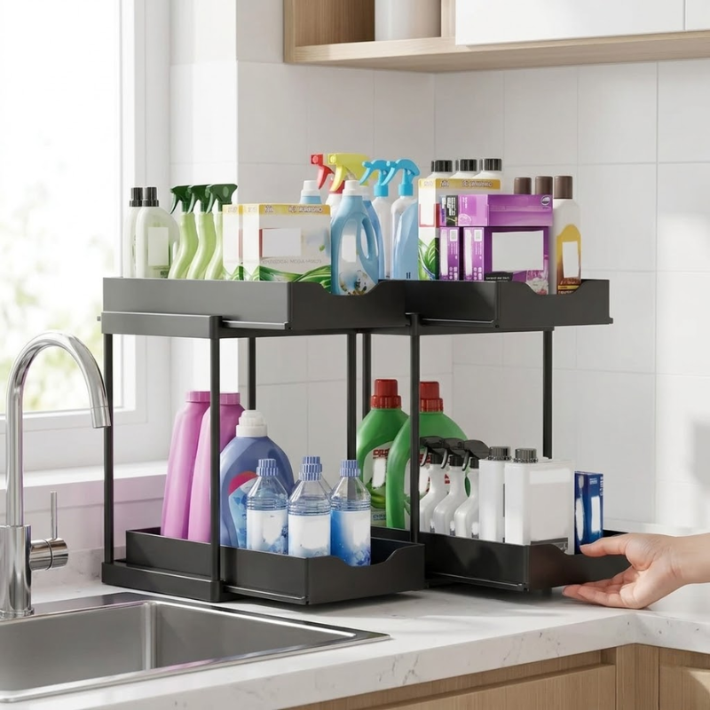 Double Layer Black Pull Out Storage Rack Under Sink Organizer with Hooks