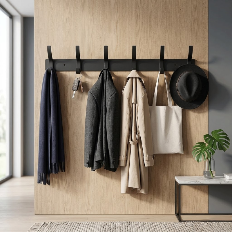 6 Hook Wall Mounted Coat Hook Rack Aluminum Towel Hanger Black