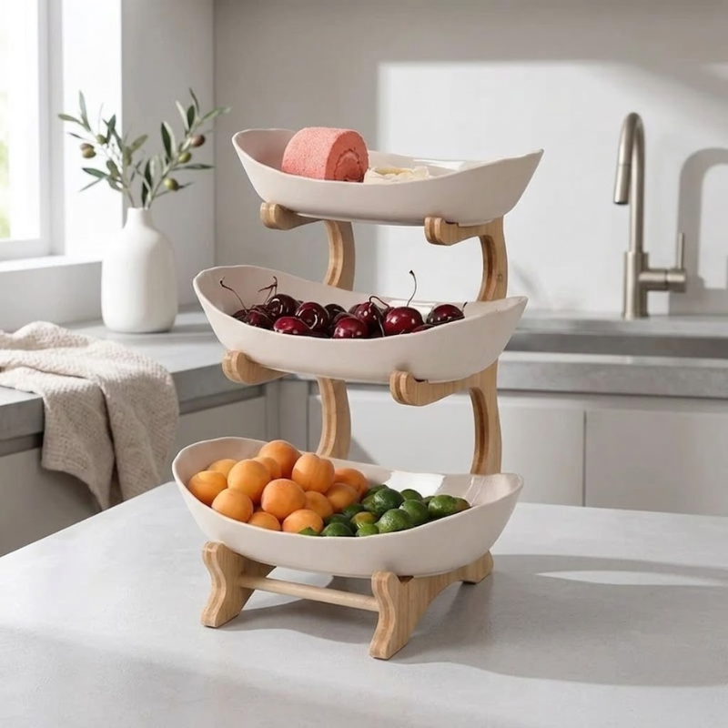 3 Tier Beige Fruit Tray Stand Partitioned Serving Plate Snack Dessert Display