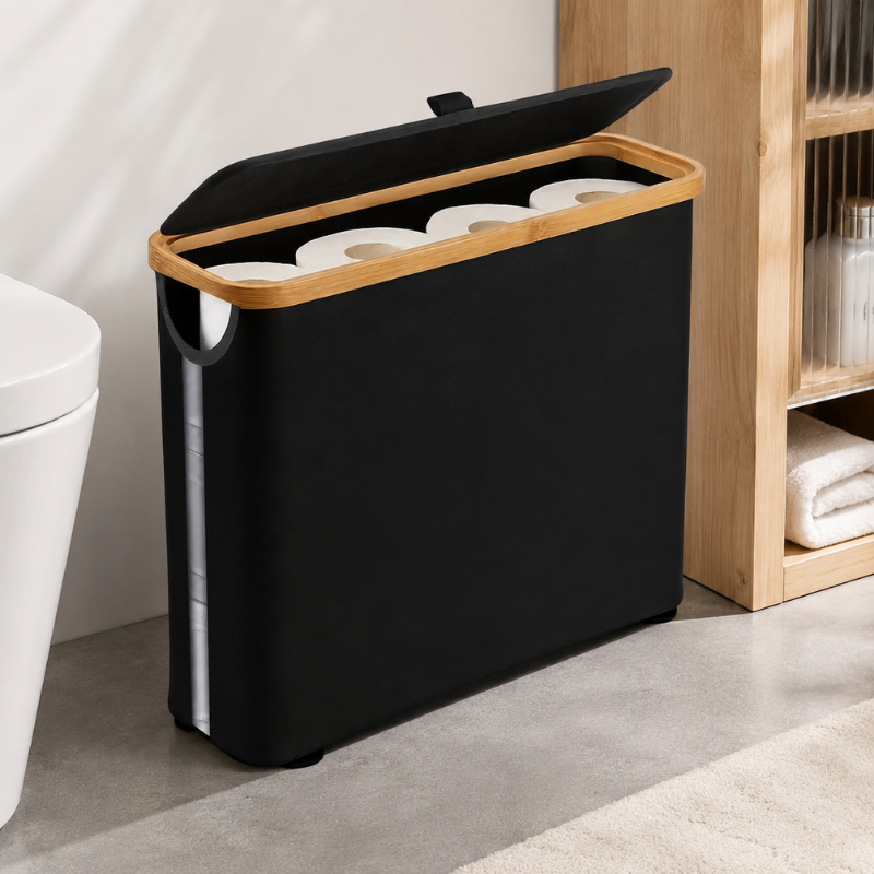 Foldable Toilet Paper Storage Basket Black with Lid Bamboo Frame Organizer