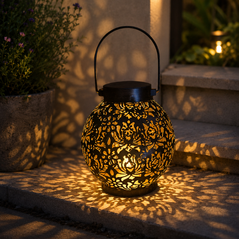 Solar Hanging Iron Lantern Light Warm White Projection Outdoor Garden Decor Lamp