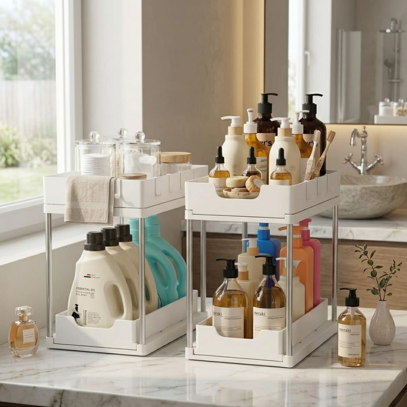 Double Layer White Pull Out Storage Rack Under Sink Organizer with Hooks