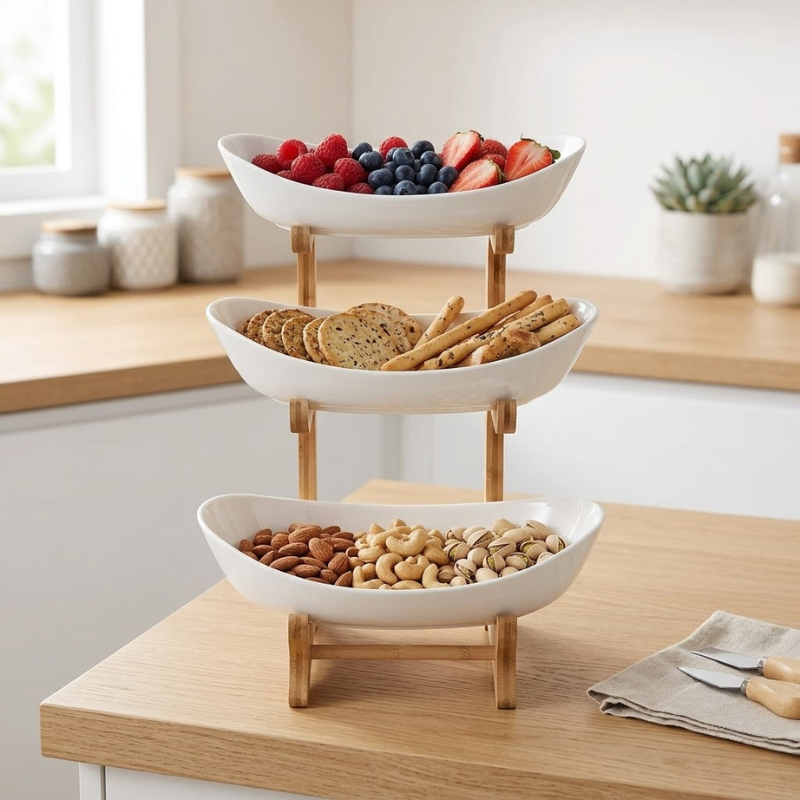 3 Tier White Fruit Tray Stand Partitioned Serving Plate Snack Dessert Display