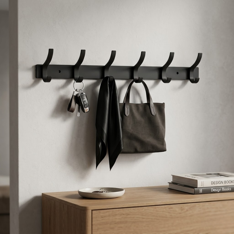 6 Hook Wall Mounted Coat Hook Rack Aluminum Towel Hanger Black